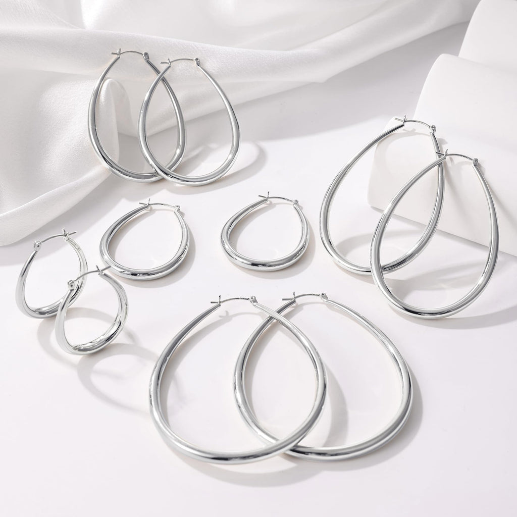 Gacimy Silver Chunky Hoop Earrings for Women, 14K White Gold Plated Oval Hoop Medium Silver Earrings with 925 Sterling Silver Post