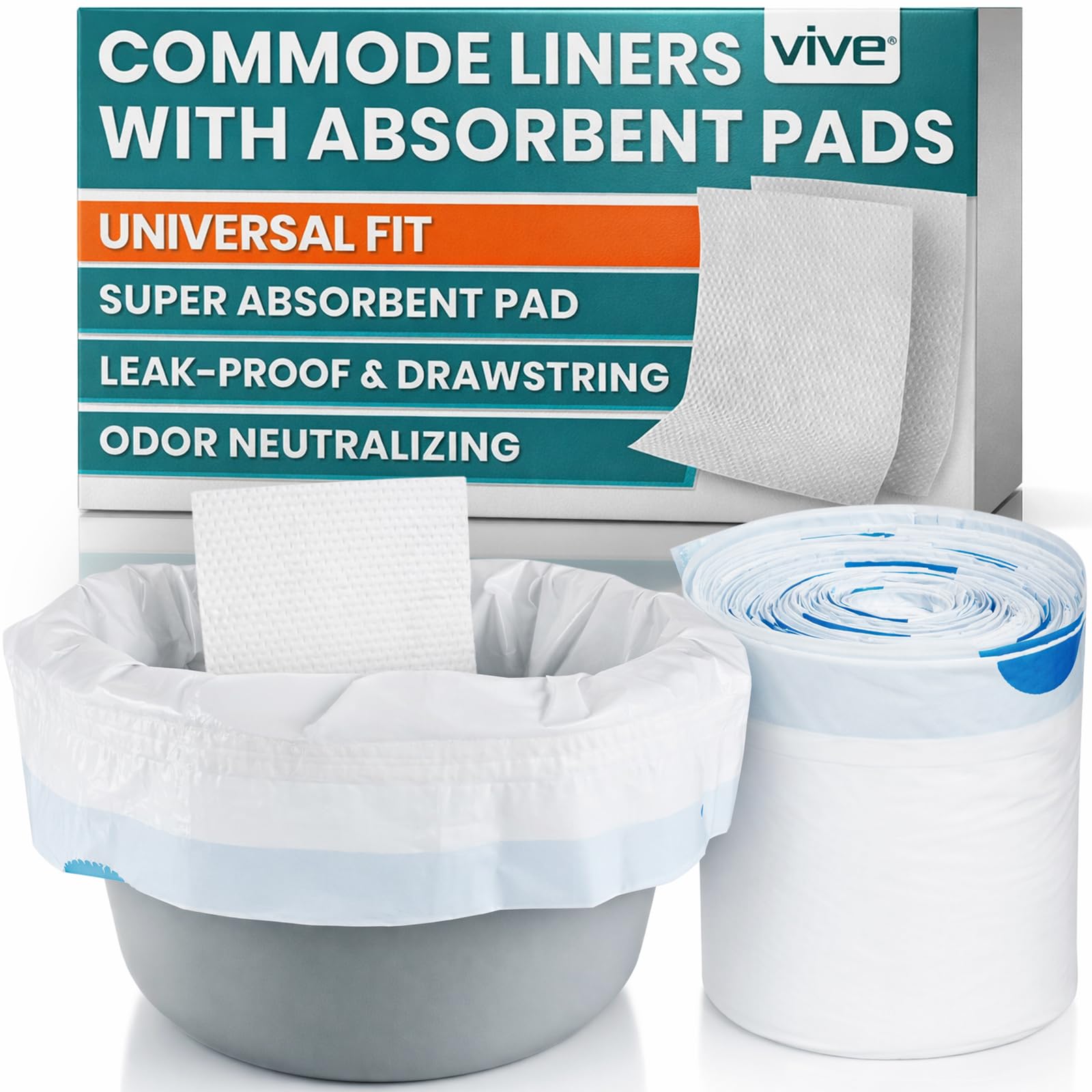 Vive Commode Liners with Absorbent Pads - Portable Toilet Bedside Chair Replacement Bags - Disposable Porta Potty Liners for Bariatric Standard Arm 3 in 1 Folding Buckets - Leakproof (24 Pack)