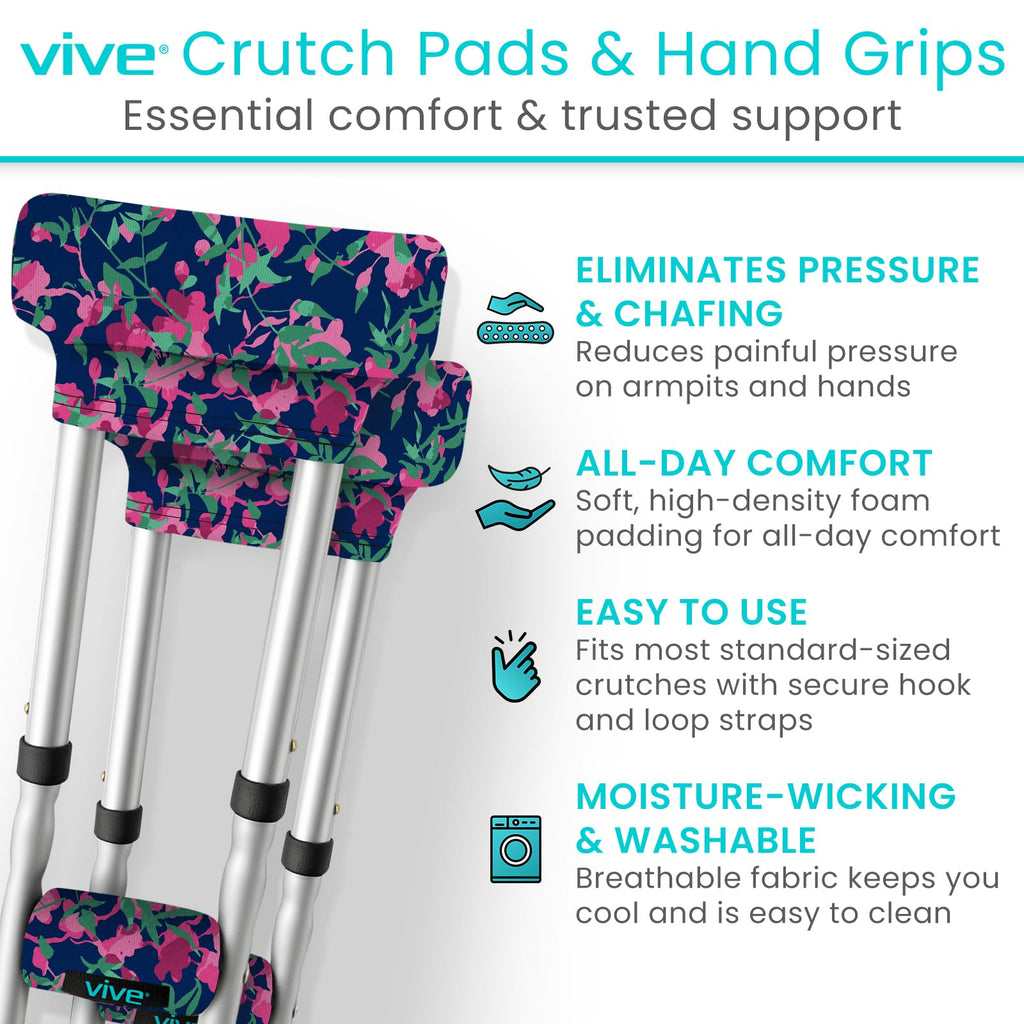 Vive Premium Crutch Pads & Hand Grips - Comfortable, Breathable, Machine Washable Padding - Moisture Wicking & Odor Reducing Pillow Accessory Covers for Adult & Youth Walking Crutches