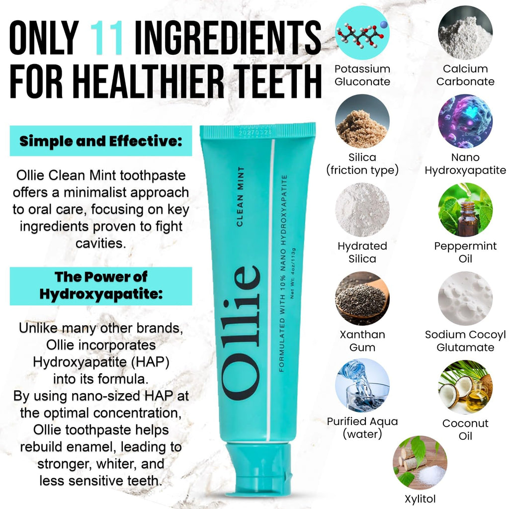 Ollie Fluoride Free 10% Nano Hydroxyapatite Toothpaste for Remineralizing Enamel, Sensitive Teeth & Whitening, Clean Mint 4oz (Pack of 1)