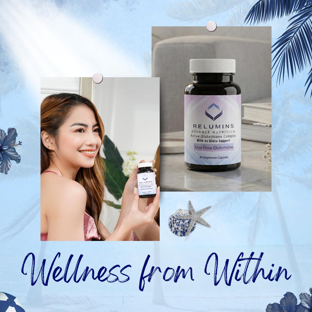 Relumins Advance White Active Glutathione Complex - Max Dose 900mg Glutathione with 6X Boosters, ALA & NAC - Summer Glow Wellness Anti-Aging Skin Supplement - 60 Capsules (30 Servings)
