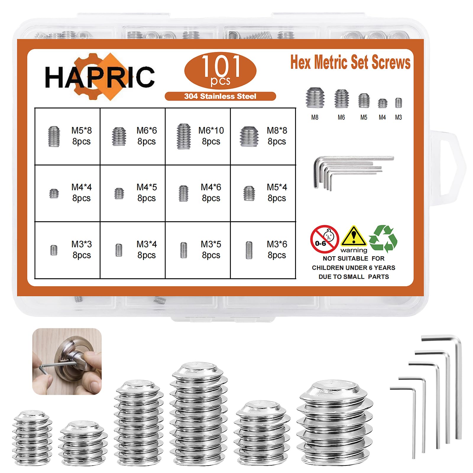 101-Pcs Metric Set Screw Assortment Kit, 304 Stainless Steel, M3-M8