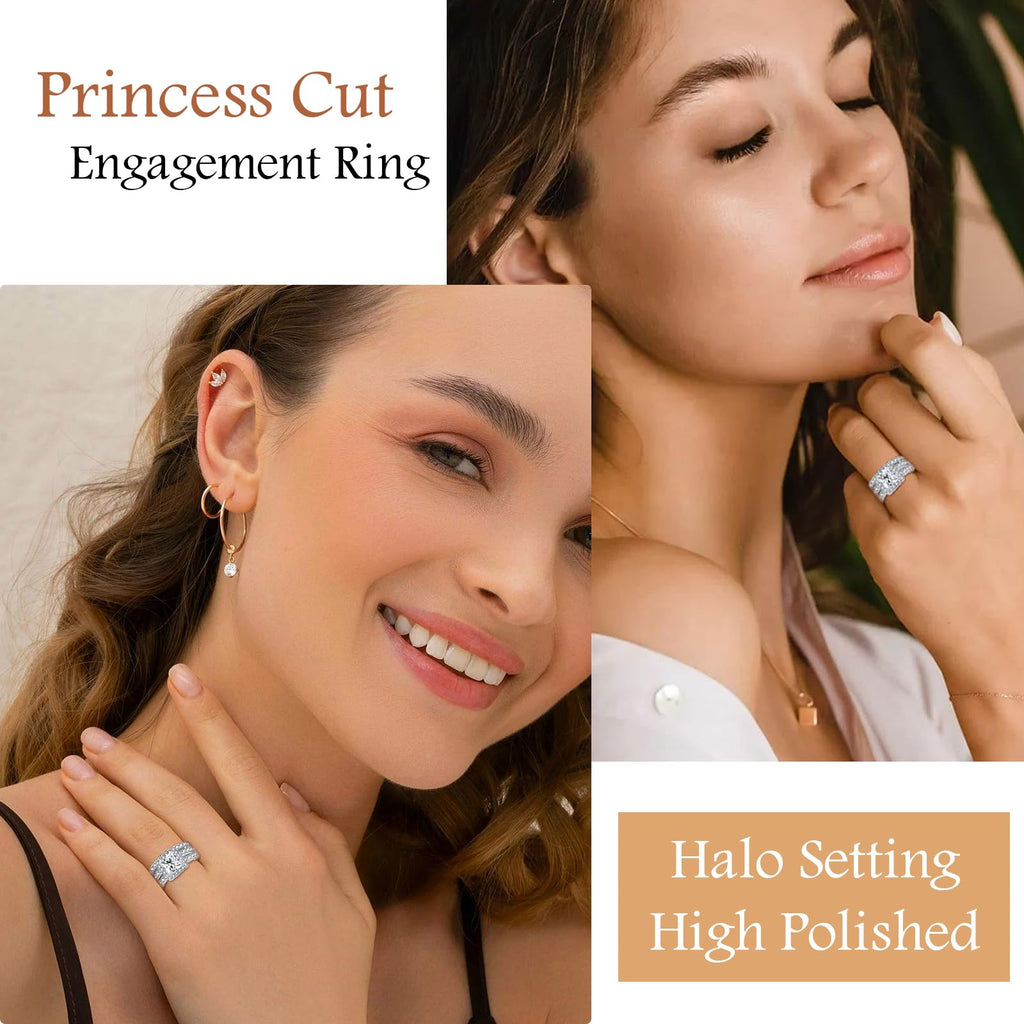 AVECON 5CT Princess Cut Engagement Wedding Ring Set for Women, Size 7