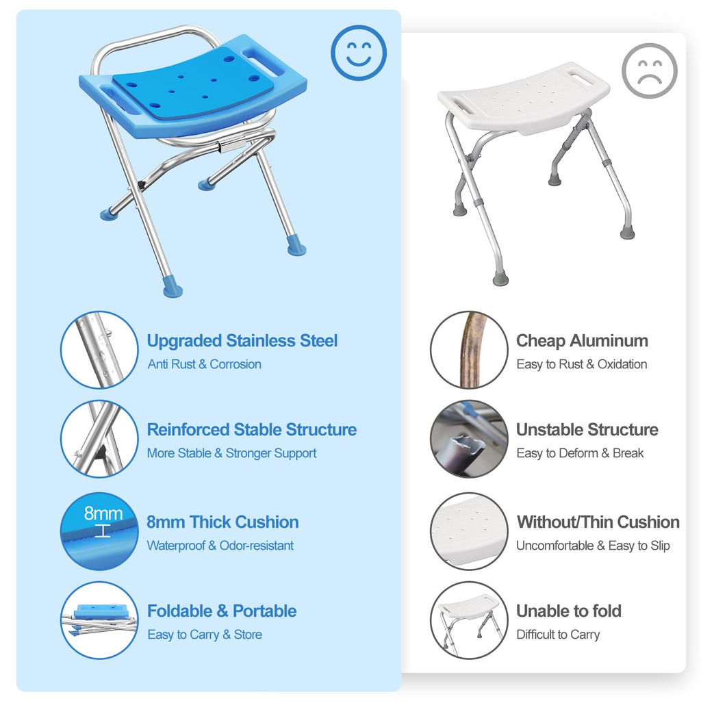 Medhelp Upgraded Folding Shower Chair, Stainless Steel Foldable Shower Seat for Inside Bathtub, Lightweight & Portable Travel Shower Stool, Anti-Slip Feet Bath Chair for Elderly, Disabled, Injured
