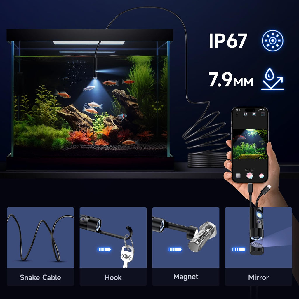 Endoscope Camera with Light, Dual-Lens 1920P HD Borescope with 8+1 Adjustable LED Lights, IP67 Waterproof Inspection Camera 16.5FT Semi-Rigid Snake Camera for iOS & Android (2 Interface)