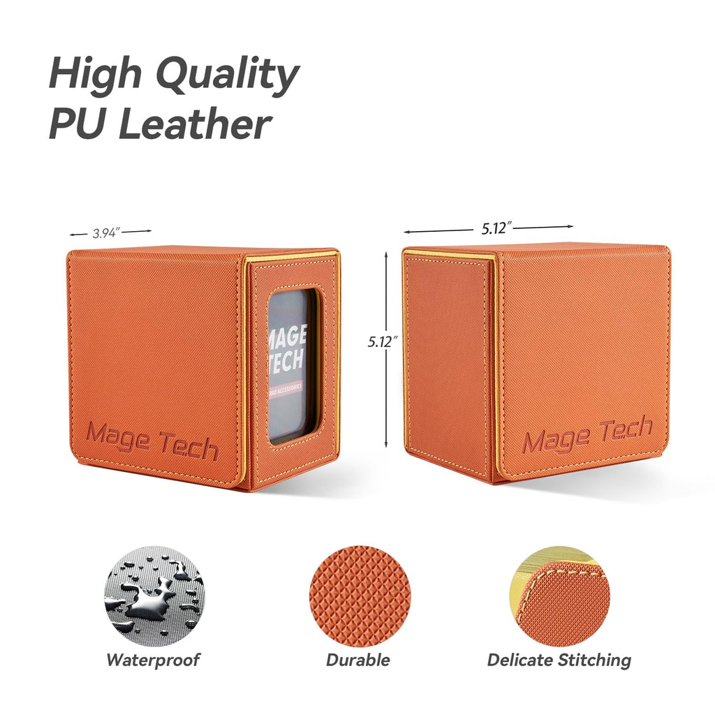 Mage Tech Card Deck Box for MTG Commander - Patented Design, Commander Display, Fits 100 Double-Sleeved Cards, 35pt Card Brick & Dice Tray - Orange/Yellow