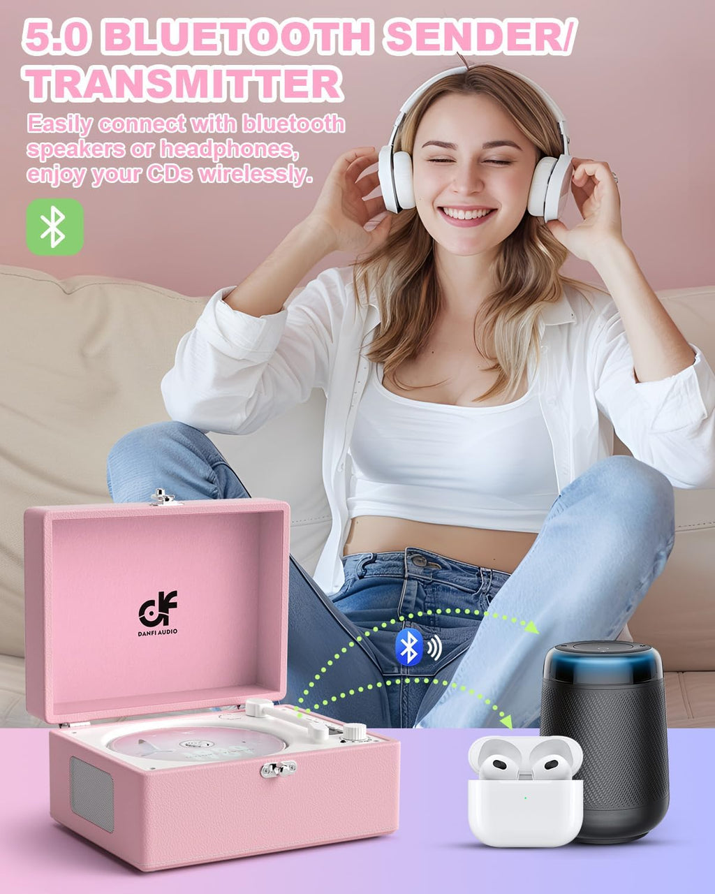 CD Player with Stereo Speakers, Wireless Bluetooth Input/Output Transmission, Rechargeable Battery, USB Retro CD Player Desktop for Home Party Decorations - Pink