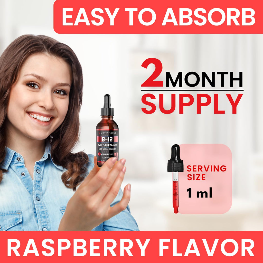 VITBOOST Vegan Liquid B-12 Drops – 60 x 5000 mcg Extra Strength Raspberry Flavored Vitamin B12 Liquid Methylcobalamin sublingual Supplement | Designed to Maximize Absorption & Energy | Gluten Free