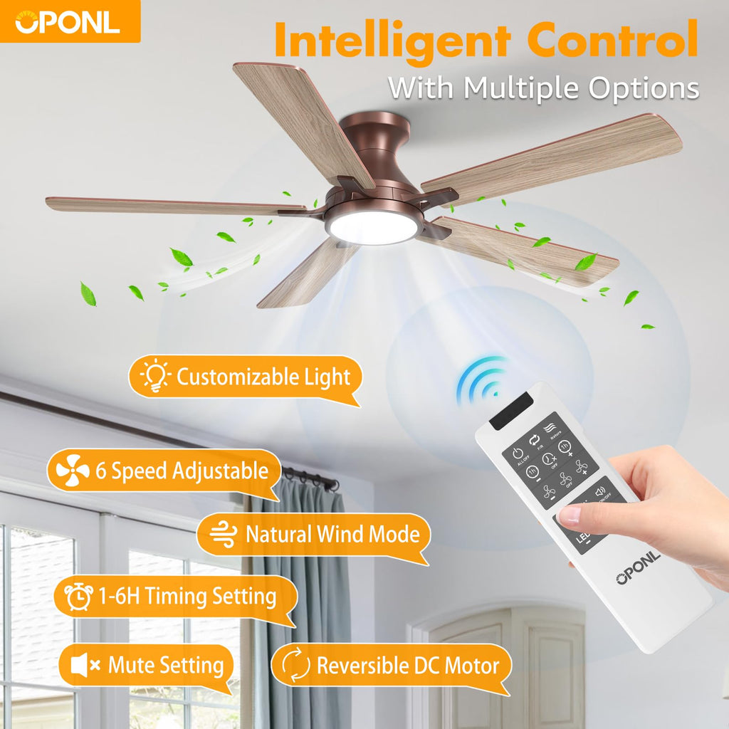 OPONL 52 Inch Ceiling Fans with Light, Brown Ceiling Fan with Light and Remote Control, 6CCT, Dimmable LED, Noiseless DC Reversible Motor, Flush Mount, Low Profile Ceiling Fan for Indoor/Outdoor Use