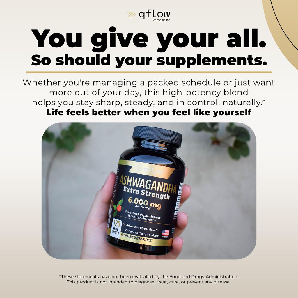 gflow vitamins Ashwagandha Supplements for Women and Men 6000mg | Sleep, Mood and Energy Support | Extra Strength, Vegan Friendly, Non-GMO, Made in USA