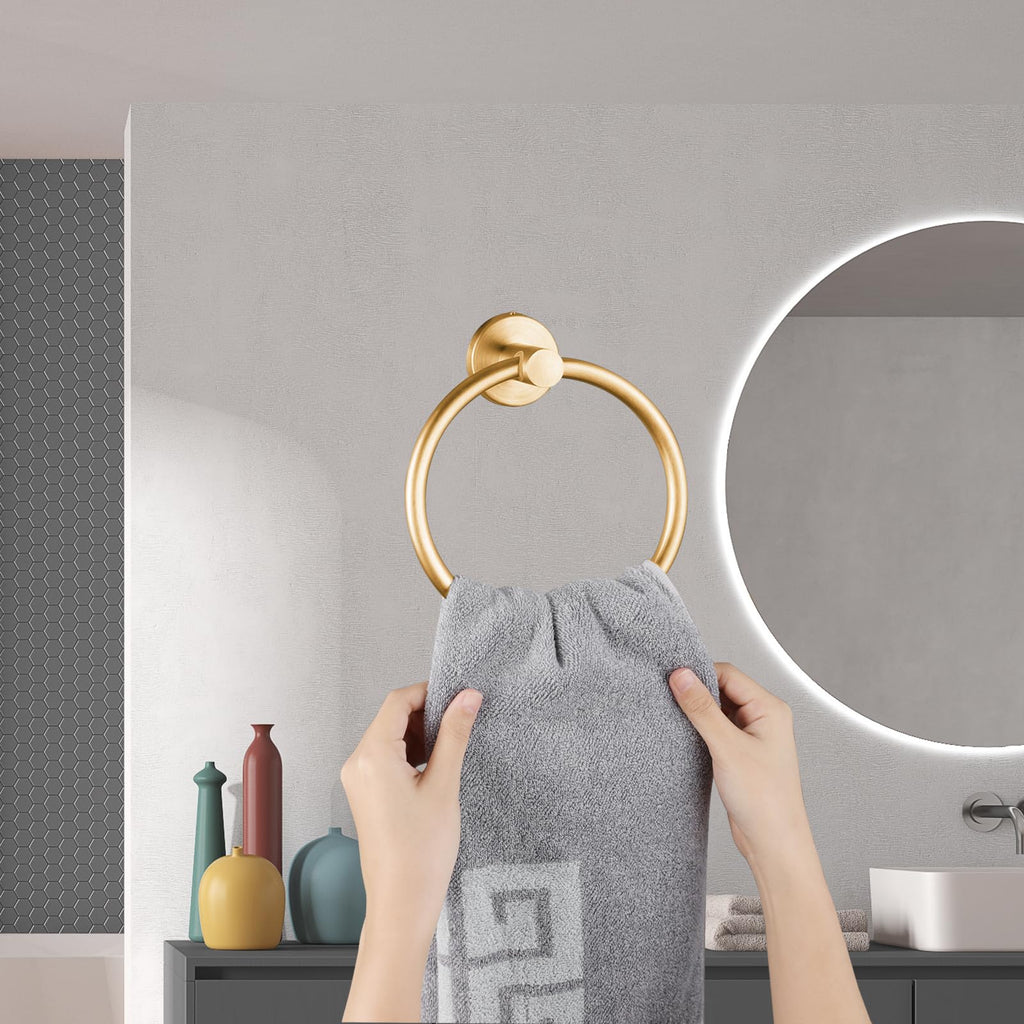 Towel Ring, Bathroom Hardware Accessories, Wall-Mounted Towel Ring, Simple Round Stainless Steel Towel Rack, for Bathroom and Kitchen (Gold 2 Pack)