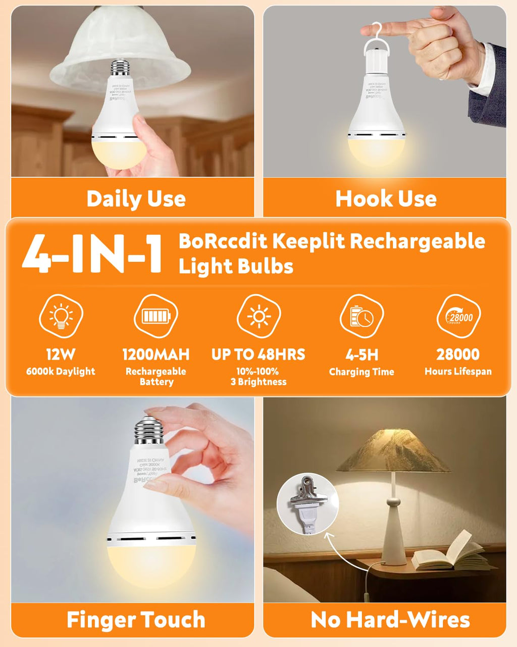 BoRccdit KeepLit 6 Pack Emergency Rechargeable Light Bulbs, 48H Long Lasting & 3 Brightness Power Outage Light,12W 3000K Battery Backup Emergency Light Bulbs for Home Power Failure Hurricane
