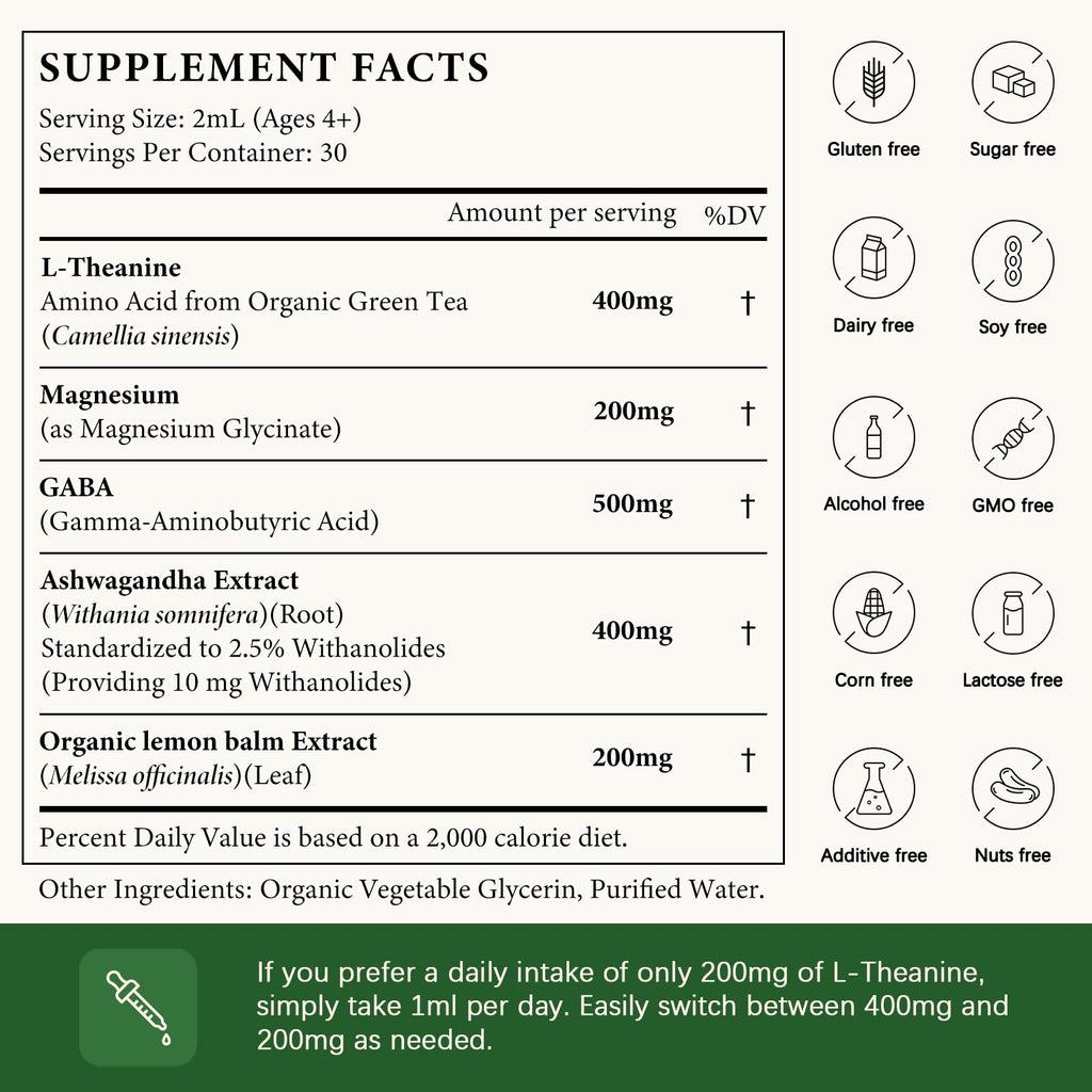 OASIS FORCE L Theanine 400mg Liquid Drops, L-Theanine Supplement for Adults & Kids with GABA, Magnesium & Ashwagandha, Natural Sleep, Focus & Relaxation Support, Vegan, Alcohol-Free, Non-GMO, 2 FL OZ