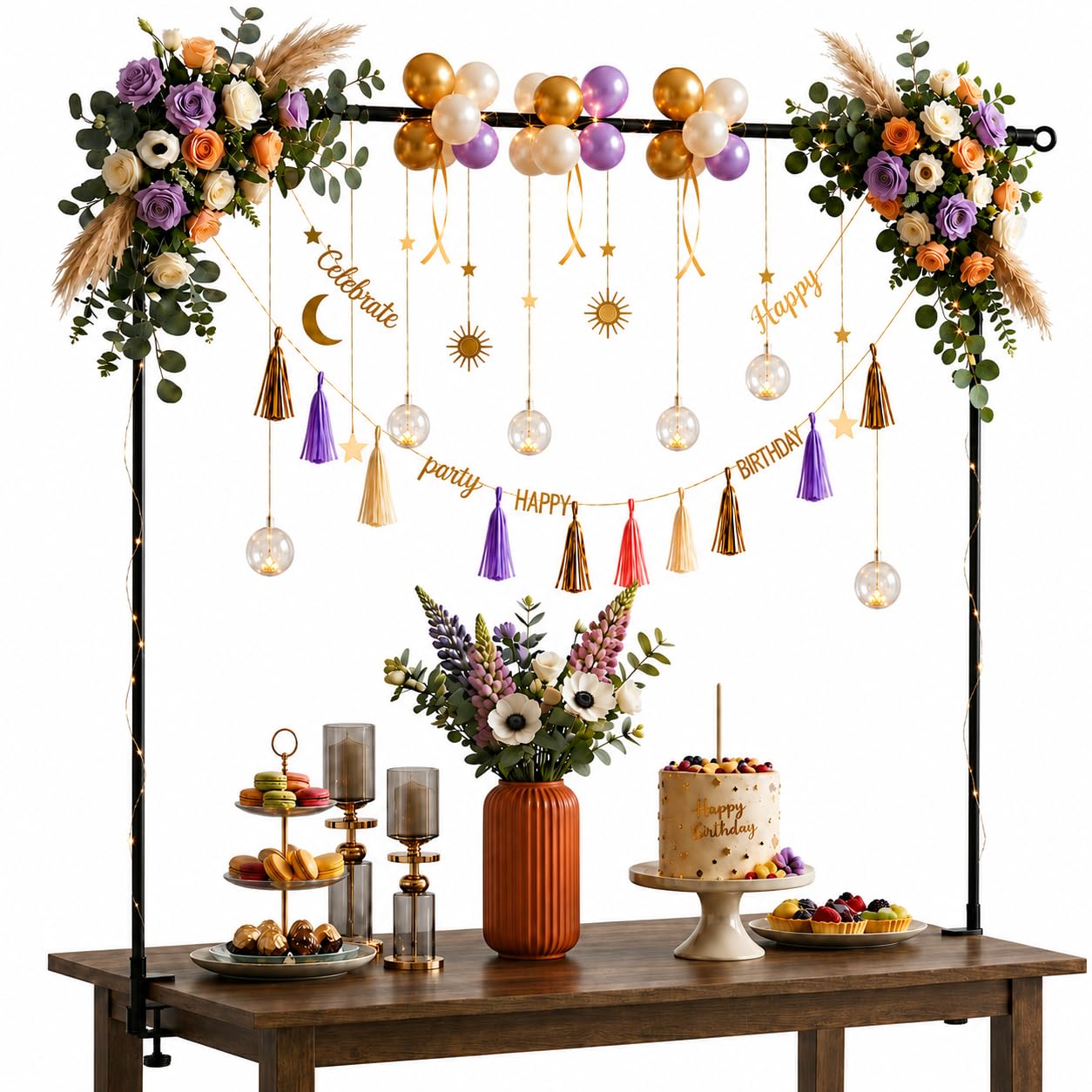 Adjustable Metal Table Arch Stand for Balloons & Flowers - Complete Party Table Rod Kit with Hand Pump & Balloon Tape - Height & Length Expandable Frame for Holiday Anniversary Decor (Black)