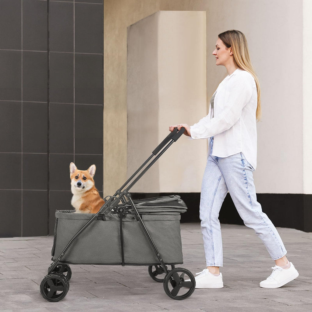 20% Larger Capacity, Wedyvko Dog Stroller for Medium/Small Pets w/Dog Poop Bags & Dispenser, Storage Pouch, Zipperless, Entry in/Out Easy (Grey)
