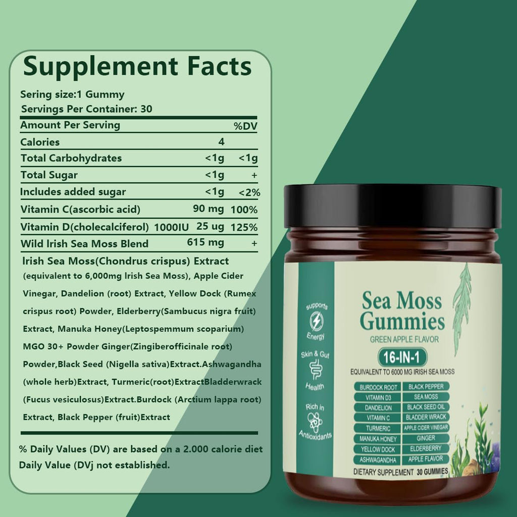 FW ZONE Sea Moss Gummies 16-in-1 with Black Seed Oil, Ashwagandha, 30 Servings, Irish Seamoss Gummies Boosts Immune Support, Wellness and Digestion