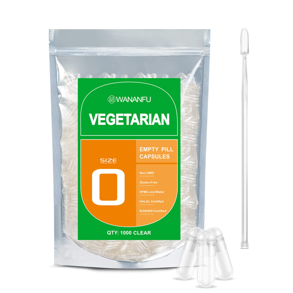 wananfu Size 0 Empty Capsules Vegetarian (1000 Count) Bundle with Micro Lab Spoon, Clear Fillable Veggie Pill Capsules Size 0 for Making Your Own Supplements