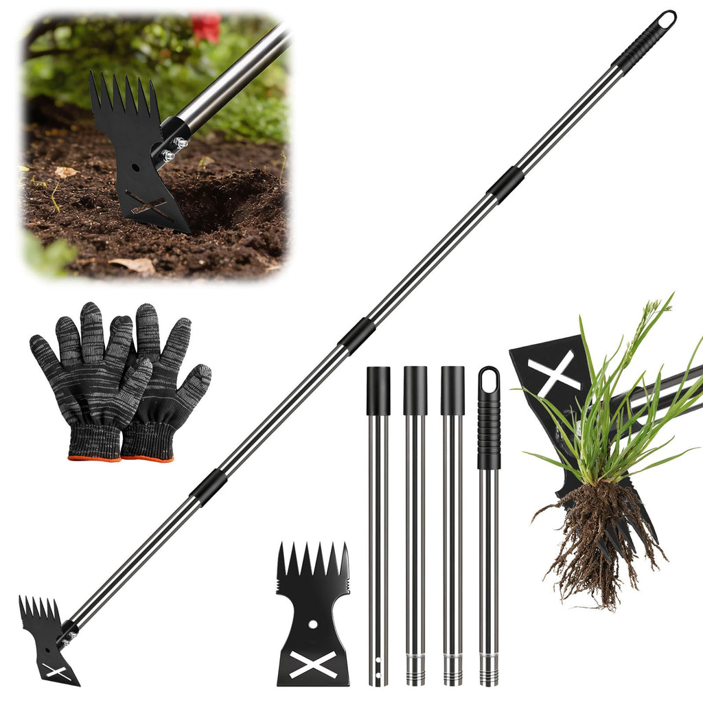 Weed Puller Tool with Long Handle - Adjustable Length Manual Weeder Remover Tool, 2 in 1 Hand Weed Rake and Garden Hoe for Gardening, Uprooting Weeding Tool for Yard, Lawn, Patio, Garden