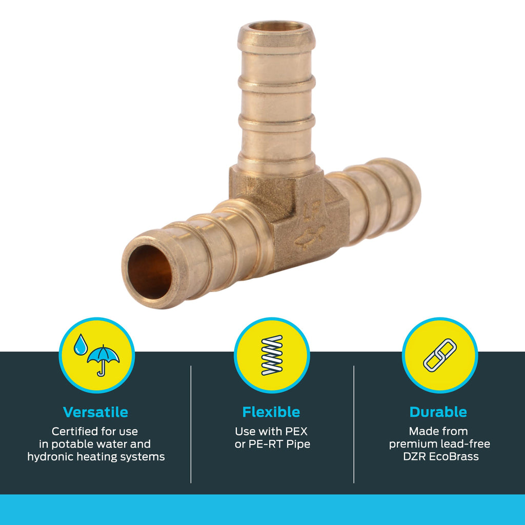 SharkBite 3/8 Inch Crimp Tee, Pack of 10, Brass Plumbing Fitting, PEX Pipe, PE-RT, UC360LF