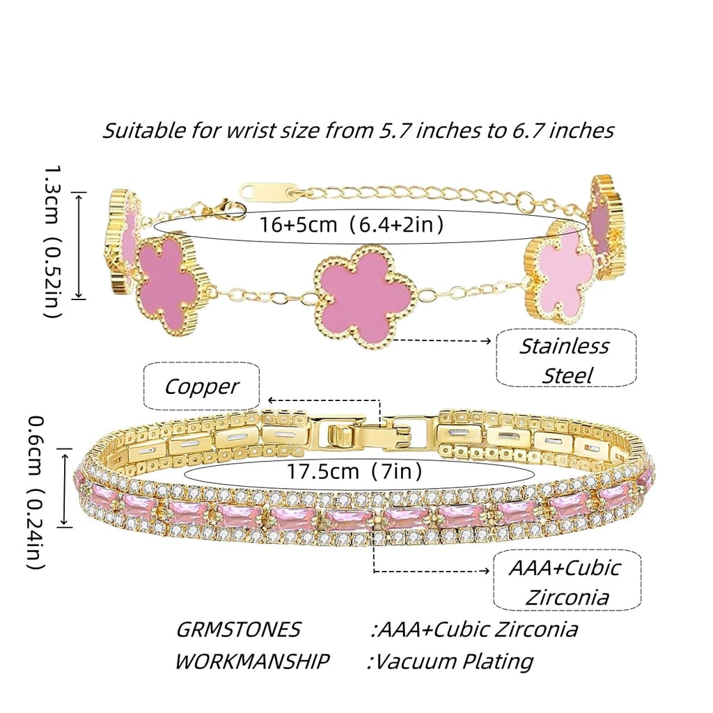 2Pcs Stackable Bracelet Set for Women Pink CZ Tennis and Clover Bracelet