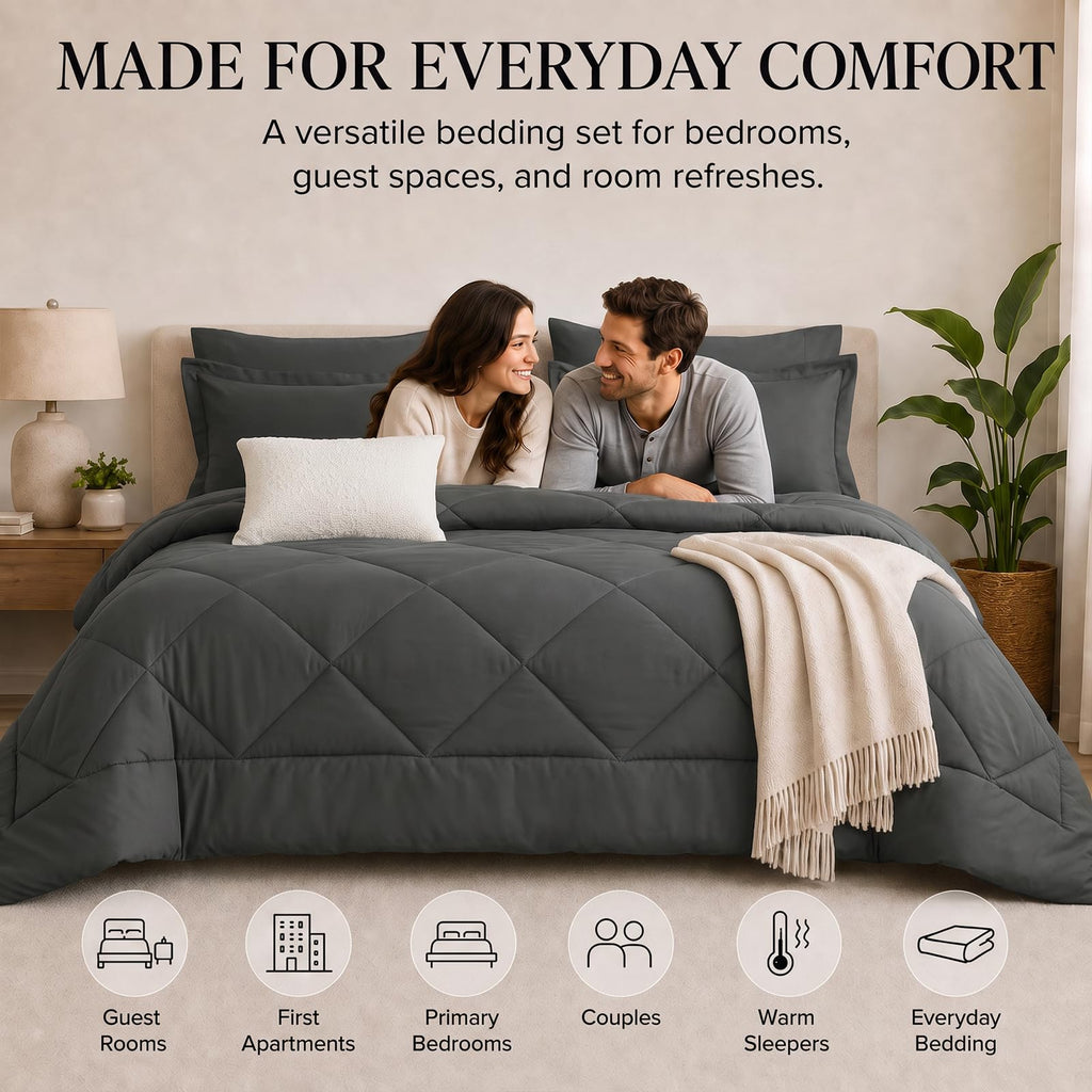 CozyLux Queen Comforter Set 88"x88" Dark Grey - 7 Piece Bed in a Bag
