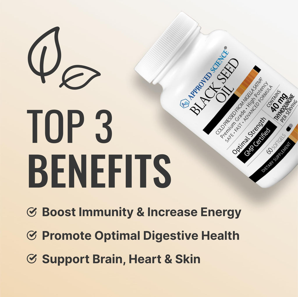 Approved Science Black Seed Oil - Cold Pressed Nigella Sativa - Boost Immunity, Respiratory, Cognitive, and Digestive Health - 2% Thymoquinone - 1 Bottle - 60 Softgels - Made in The USA