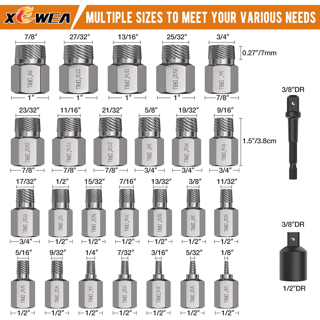 XEWEA Upgrade Screw Extractor Set, 27 PCS 3/8" Inch Drive Easy Out Bolt Extractor Set, Multi-Spline, for Removing Broken Studs, Bolts, Screws - More Convenient