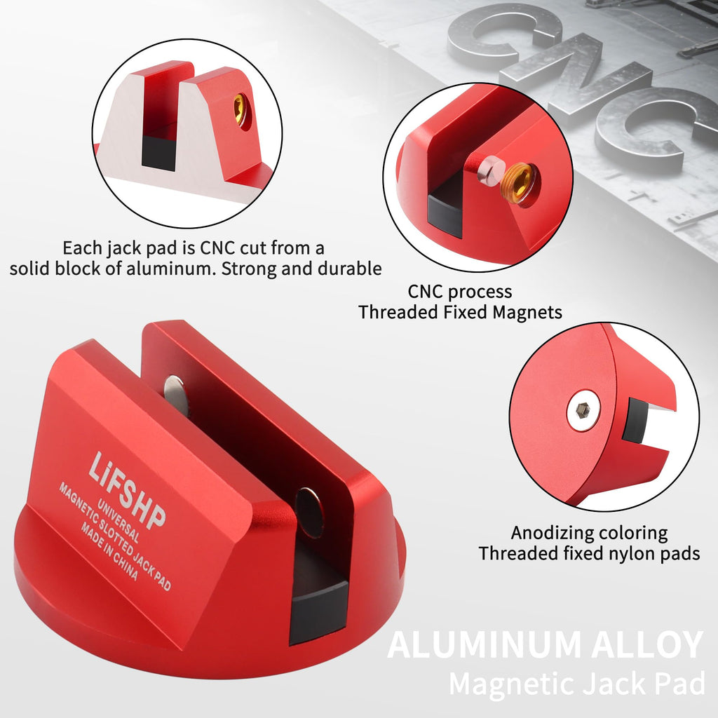 LIFSHP Universal Aluminum Grooved Magnetic Jack Pad, Jacking Puck Pinch Weld Frame Rail Adapter, for Car SUV Truck Pickup Sedan MPV Wagon, Change Tire Repair Tires Oil Change Must Have-Red