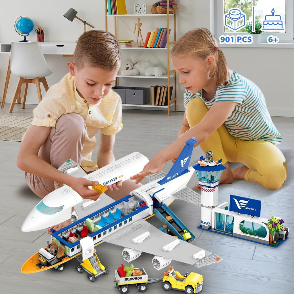 CUBIMANA Large City Passenger Airplane Building Toys with LED Light, 21 Inches Plane Building Sets with 2PCS Luggage Trucks, Terminal, Radar Tower, Birthday Gifts for Kids Boys Girls Age 6-12 (901pcs)