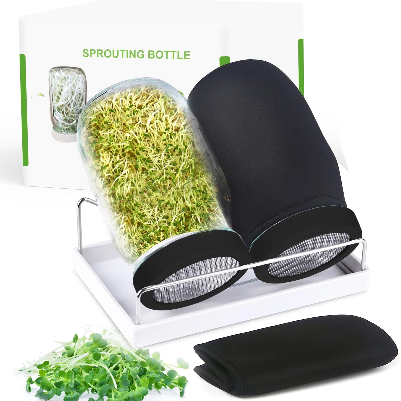 Kitmiido Organic Seed Sprouting Jar Kit – 2 × 32 oz Wide-Mouth Mason Jars with Stainless-Steel Sprouter Lids & Stand, Blackout Sleeves, Drain Tray – Grow Broccoli, Alfalfa & Bean Microgreens