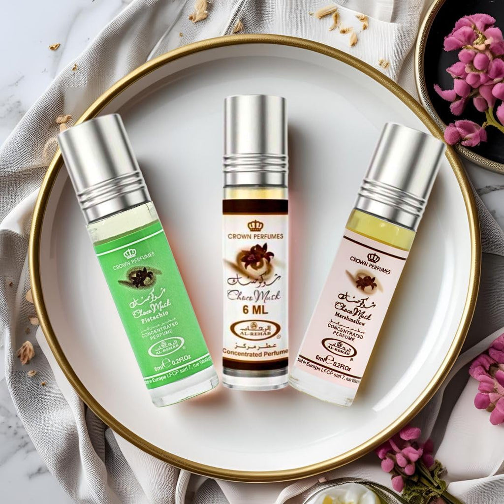 Al-Rehab Choco Musk Perfume Oils - Original, Marshmallow & Pistachio 6ml (0.2 oz) | Sweet Gourmand Fragrance | Chocolate, Vanilla, Fruity & Nutty Scents | Long-Lasting Roll-On Fragrance Oils (Bundle)