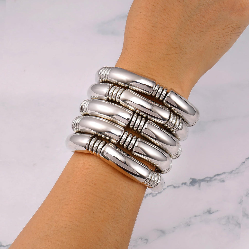 Badu 5pcs Silver Chunky Bangles Bracelets For Women Stack Layered Curved Bamboo Tube Stretch Bracelets Gift Jewelry