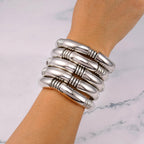 Badu 5pcs Silver Chunky Bangles Bracelets For Women Stack Layered Curved Bamboo Tube Stretch Bracelets Gift Jewelry