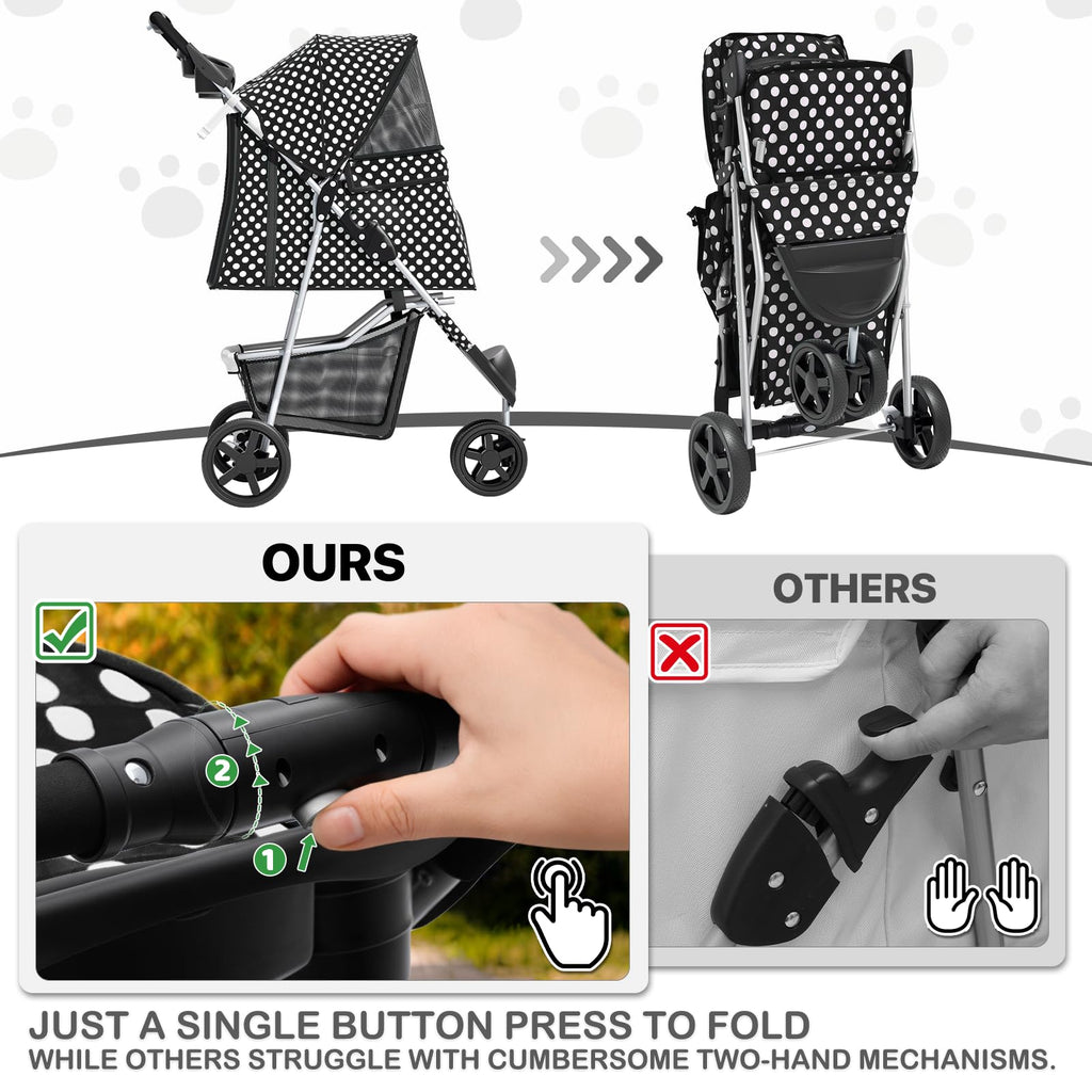 MoNiBloom 3 Wheels Pet Dog Cat Stroller for Small Medium Dogs Cats, Foldable Jogger Stroller w/Storage Basket and Cup Holder, Black Polka Dots