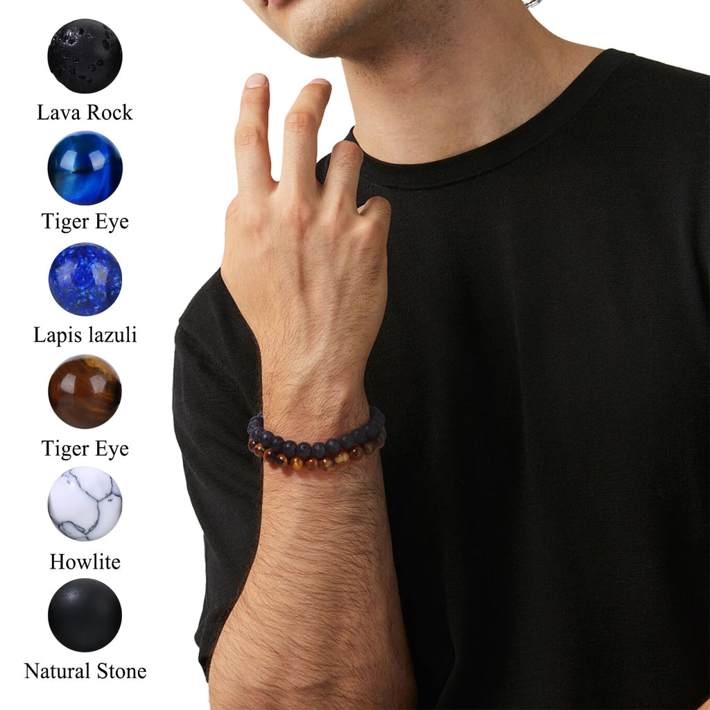 Giovanchi 12PCS Bracelets for Men 8MM Lava Rock Black Obsidian Howlite Tiger Eye Beaded Natural Stone Bracelet Jewelry Gifts for Birthday Christmas