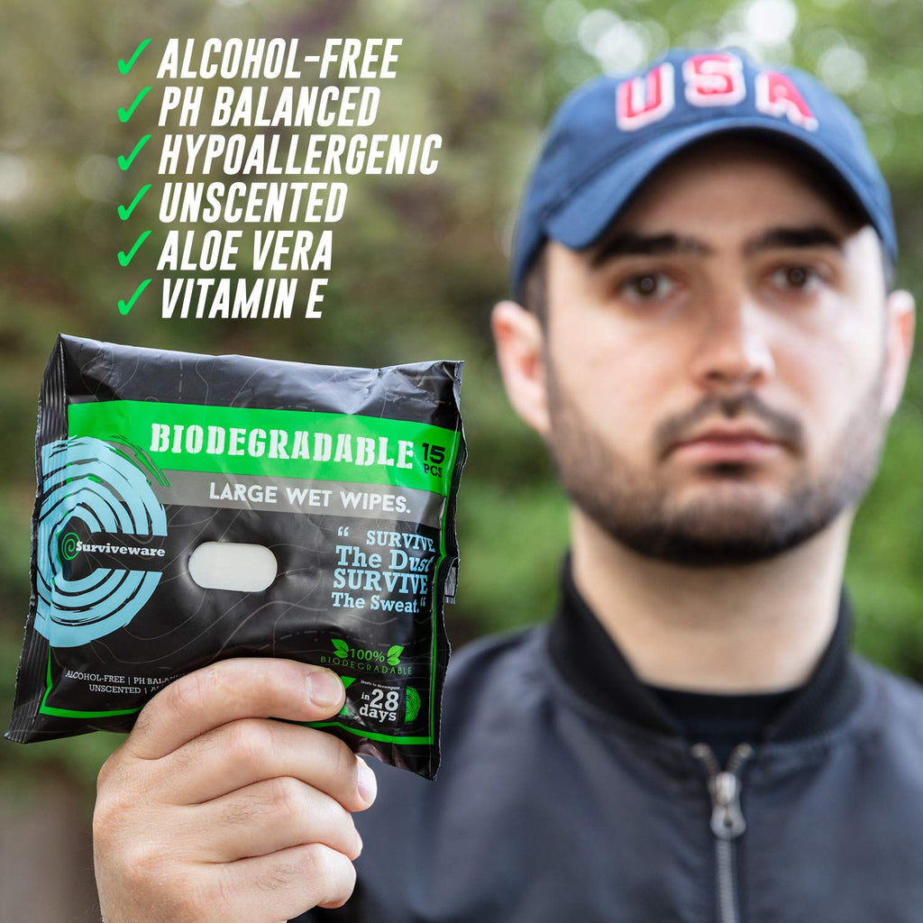 Surviveware Biodegradable Wipes Men or Women - Shower Wet Wipes Face, Body & Butt - Outdoors, Travel, Camping & Post Workout - Total of 60 Wipes - 15 Count, Pack of 4