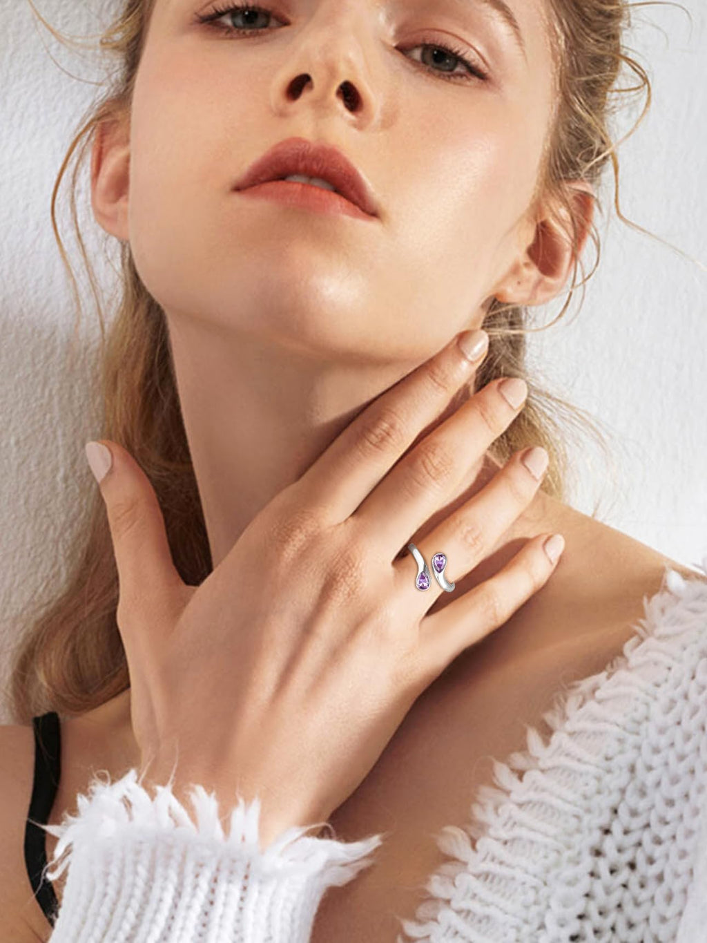 Bestyle June Birthstone Ring for Women, Silver Alexandrite Ring Two Purple Gemstone Teardrop Ring, TOI et Moi Ring Love Promise Rings BFF Ring for, Christmas Valentine's Day Birthday Gifts