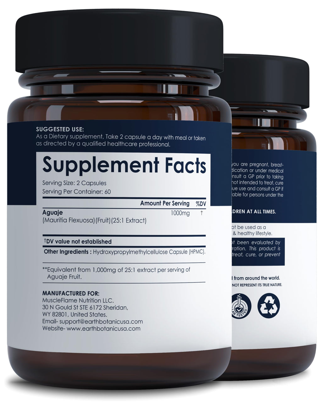 Earth BOTANIC Organic Aguaje Fruit Extract Capsules 120 Pills Buriti 1000MG Per Serving - Mauritia flexuosa - 100% Natural- Non GMO- Wild Harvested in Peru – 60 Days Supply