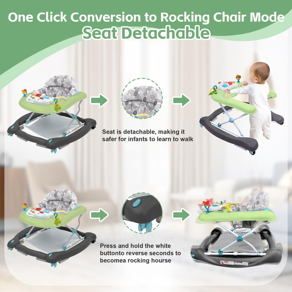 Pawtong Foldable Baby 5-in-1 Activity Walker - Rocker, Activity Center, Bouncer, Seat Walker, Push Walker - Adjustable Speed Rear Wheels and Height Toys Ages 6-18 Months… (Green)