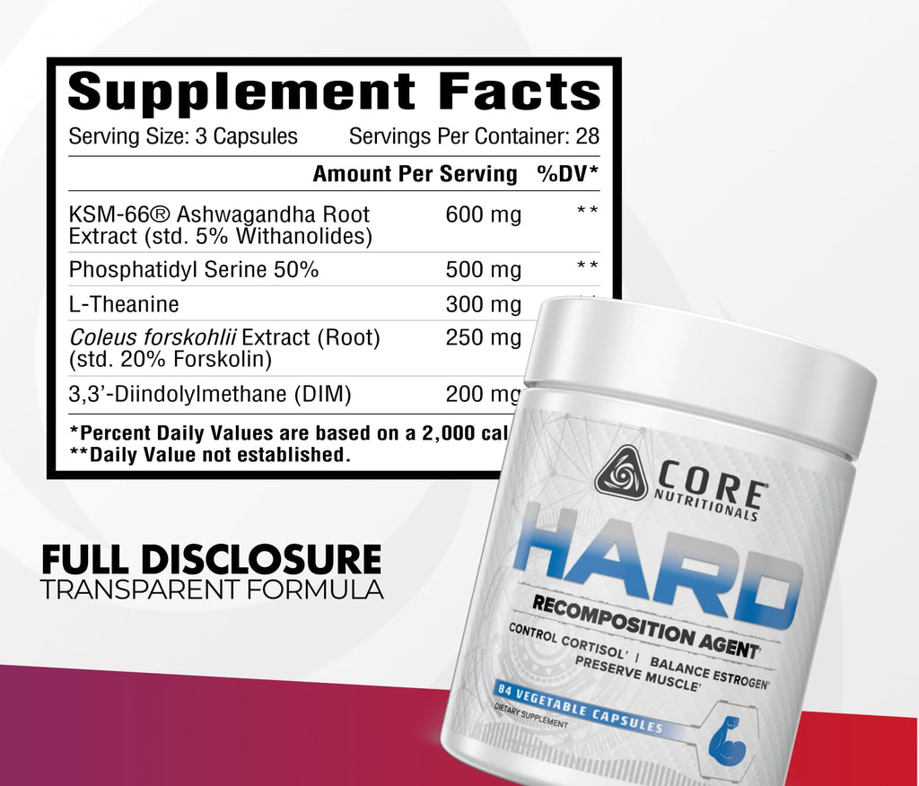Core Nutritionals Hard Recomposition & Hardening Agent | Hormone Support, Cortisol Management, Fat Loss | with KSM-66, DIM, & L-Theanine | 84 Capsules, 28 Servings