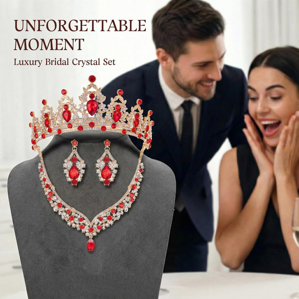 Geurlev Tiaras and Crowns for Women,Tiaras Earrings Necklace, Crystal Bridal Jewelry Set (Gold Red)