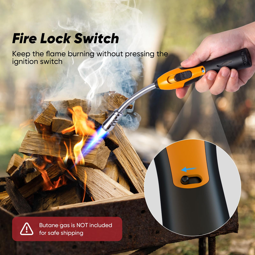 YZLighter Butane Lighter Torch Long Lighter Refillable Lighter Windproof with Visual Fuel Window Flexible Extra Long Torch Lighter for Fireplace Candles (No Butane Included) (Orange, 1 Pack)