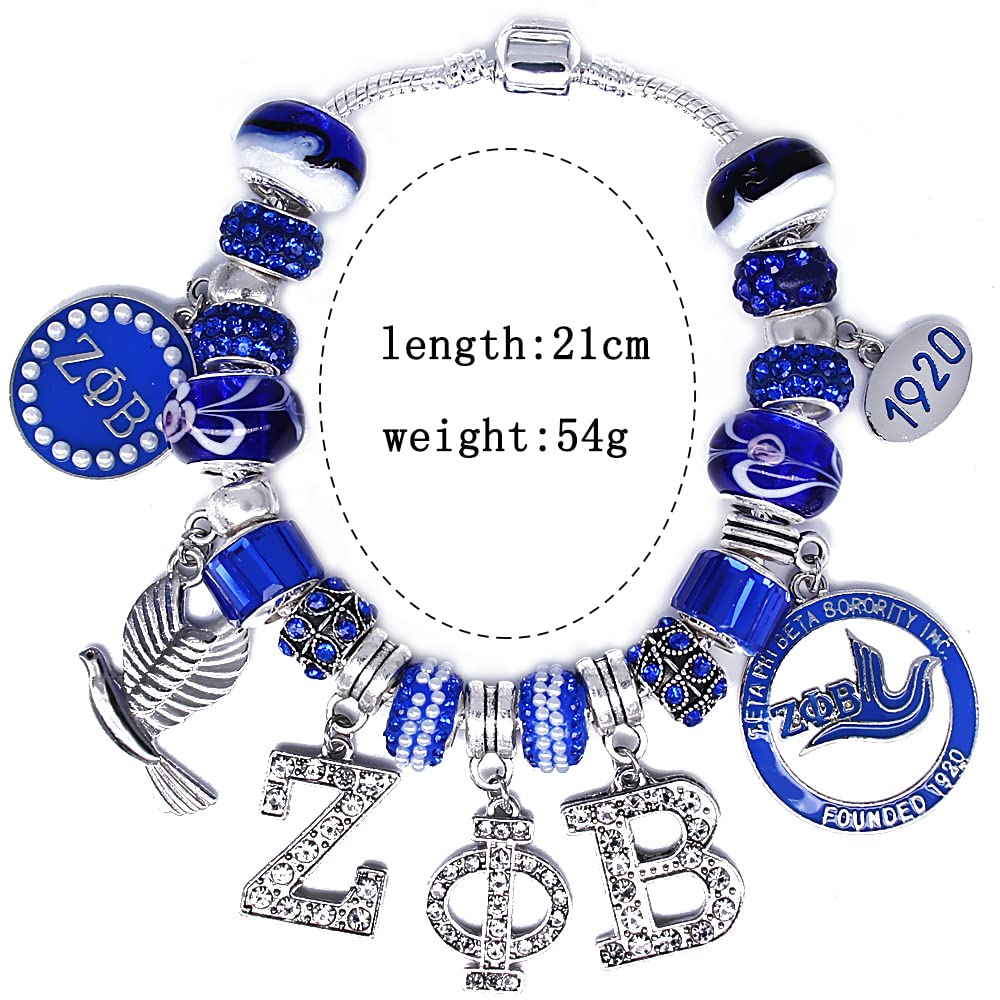 muiot Delicate ZETA sorority society Rhinestone Pendant Blue big hole Glass Bead Bracelet bangle