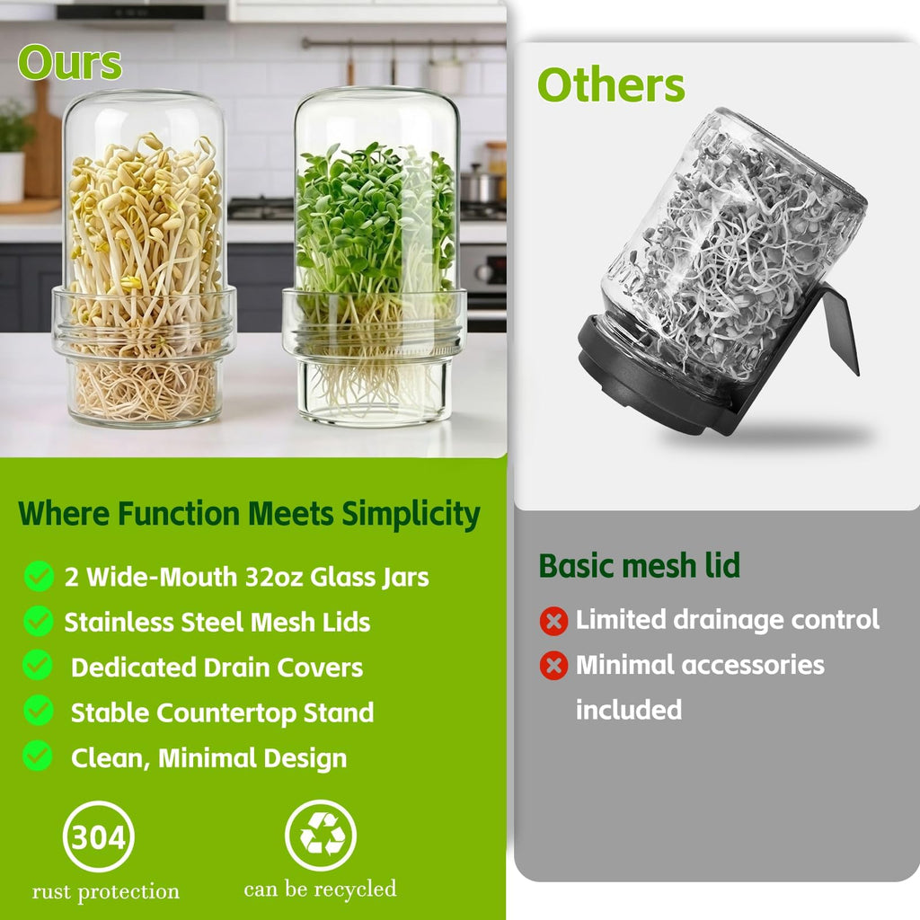 DWETG Sprouting Jar Kit, 2 Pack Wide Mouth Mason Jar Sprouter with Stainless Stee Screen Lids & Mess-Free Drip Covers Complete Indoor Microgreens Growing Kit Broccoli Alfalfa Gardening Gift