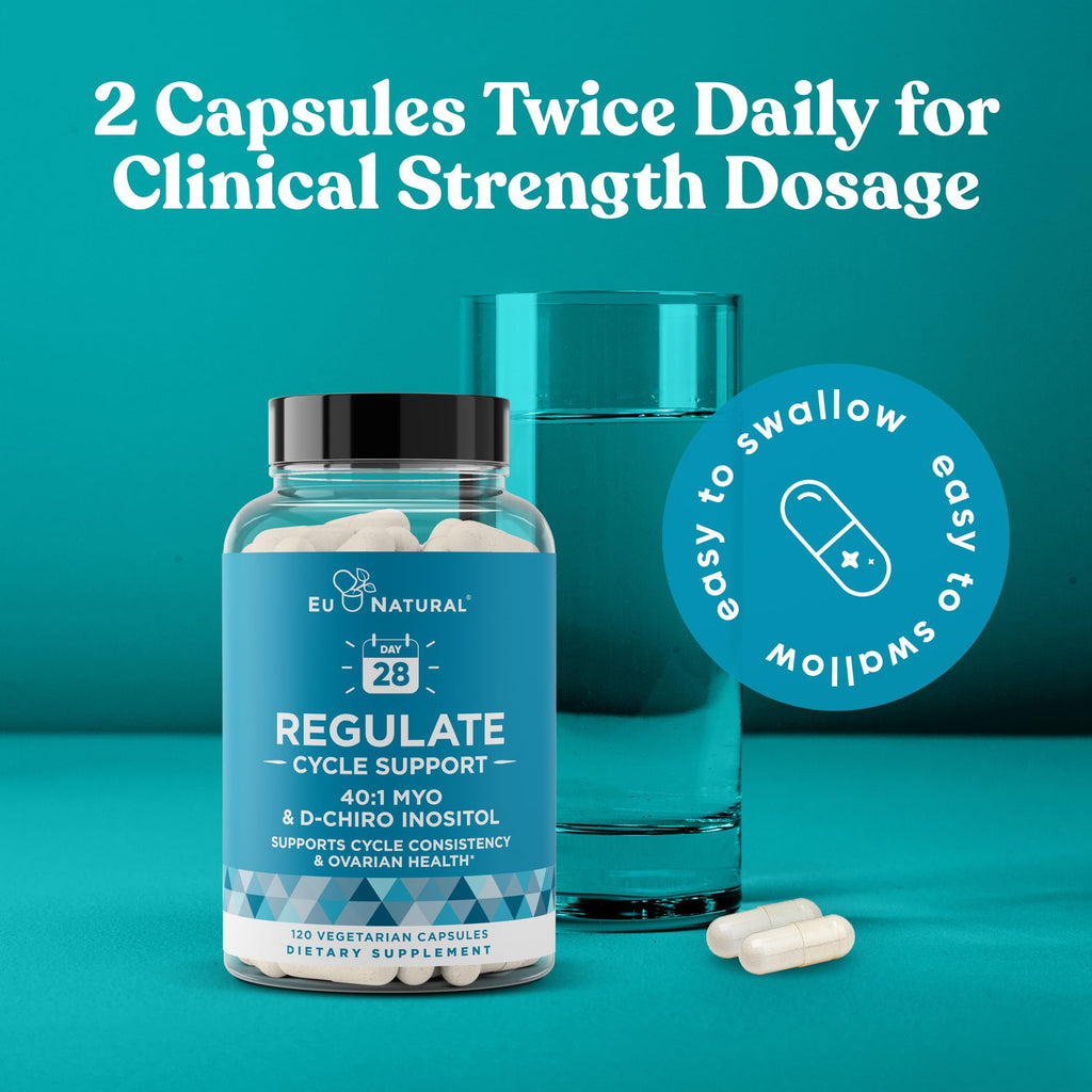 Regulate Cycle Support – Hormone Balance for Women at Optimal 40:1 Myo-Inositol 2000 mg & D-Chiro Inositol 50 mg – Supplement for Period Consistency, Menstrual & Ovulation Support – 120 Vegan Capsules