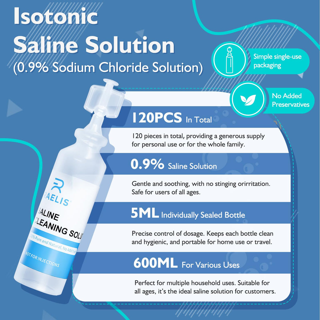 Saline Solution, 600ml /20.29 FL OZ Normal Solution for Multiple Household Uses, 5ml Each, 120Pcs Total