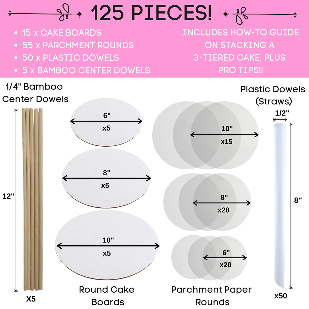 Little Ladle Cake Tier Stacking Kit - 10 Inch, 8 Inch, 6 Inch Cake Boards + Parchment Paper Rounds + Bamboo and Straw Cake Dowels For Tiered Cakes - 125 Pcs