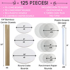Little Ladle Cake Tier Stacking Kit - 10 Inch, 8 Inch, 6 Inch Cake Boards + Parchment Paper Rounds + Bamboo and Straw Cake Dowels For Tiered Cakes - 125 Pcs