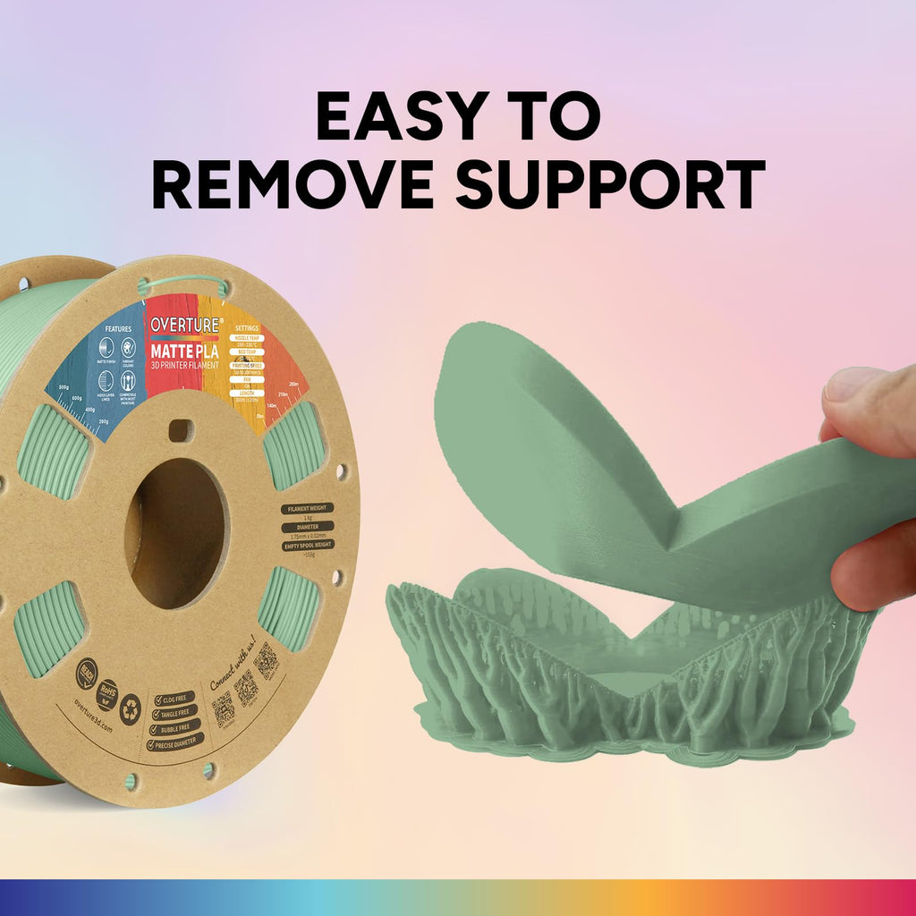 OVERTURE Matte PLA 3D Printer Filament 1.75mm, Matt Surface & Low Warping Filament 1kg Spool (2.2 lbs), Accuracy +/- 0.02 mm, Fit Most FDM Printers (Matte Light Green)