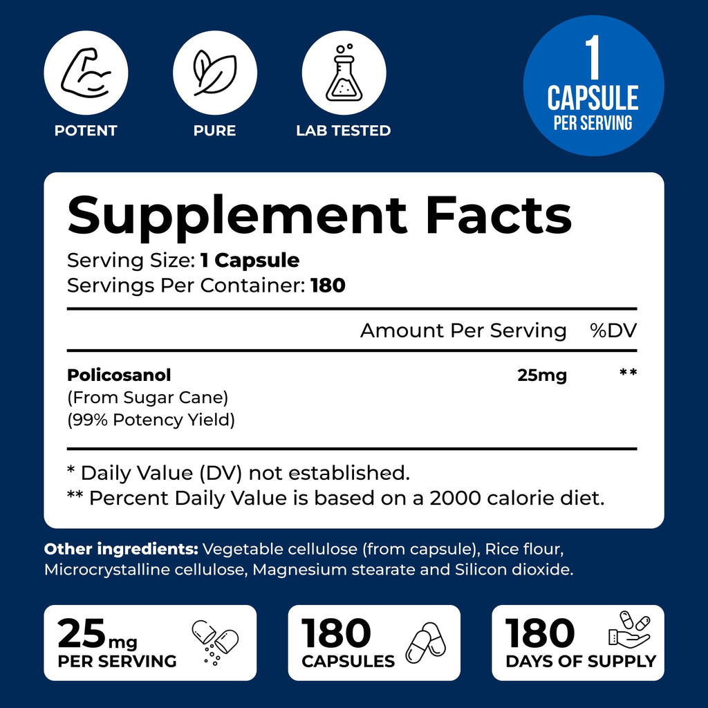We Like Vitamins Policosanol 25mg - 180 Capsules - Policosanol Supplement Made from Natural Sugar Cane - Non-GMO and Gluten-Free